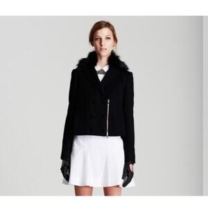 Jenni‎ Kayne Jacket Pea Coat XS Black Wool Fox Fur Collar Crop Silk Designer